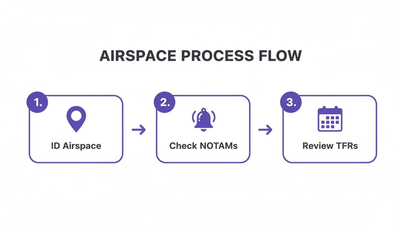 A three-step airspace process flow diagram for drone operations, showing identification, NOTAMs, and TFRs.