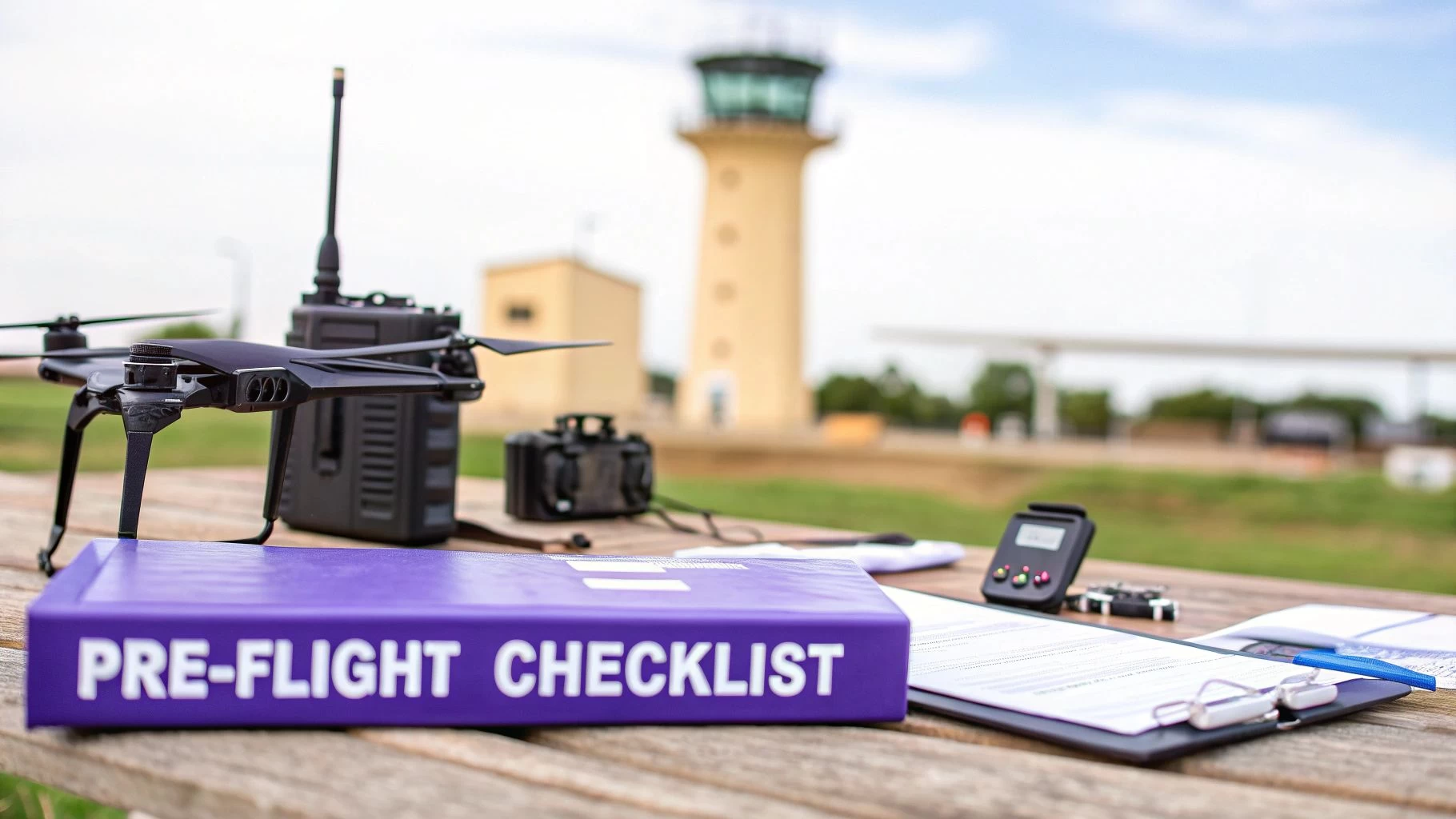 A drone, pre-flight checklist, and radio sit on a table with an airport control tower in the background.