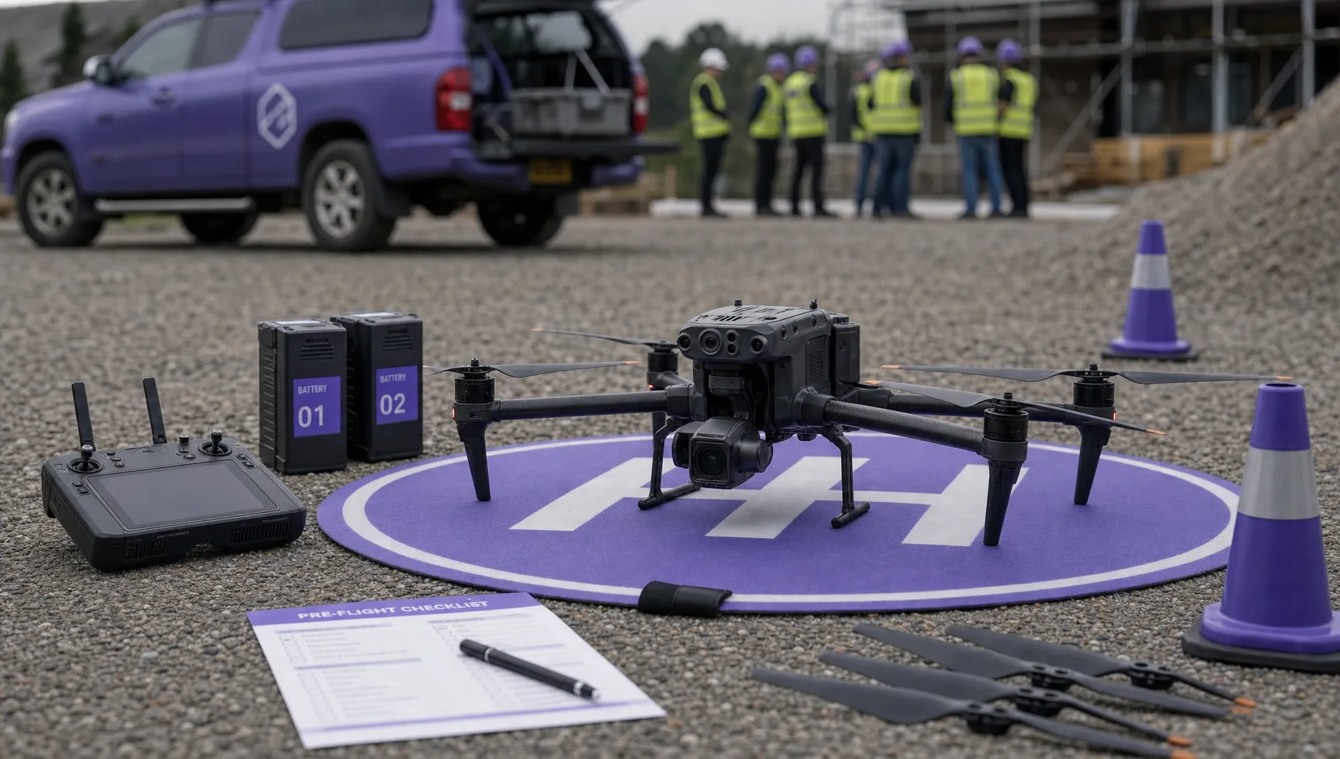 A commercial drone sits on a landing mat beside labelled batteries, propellers, a controller, cones and a printed pre-flight checklist at an outdoor work site.