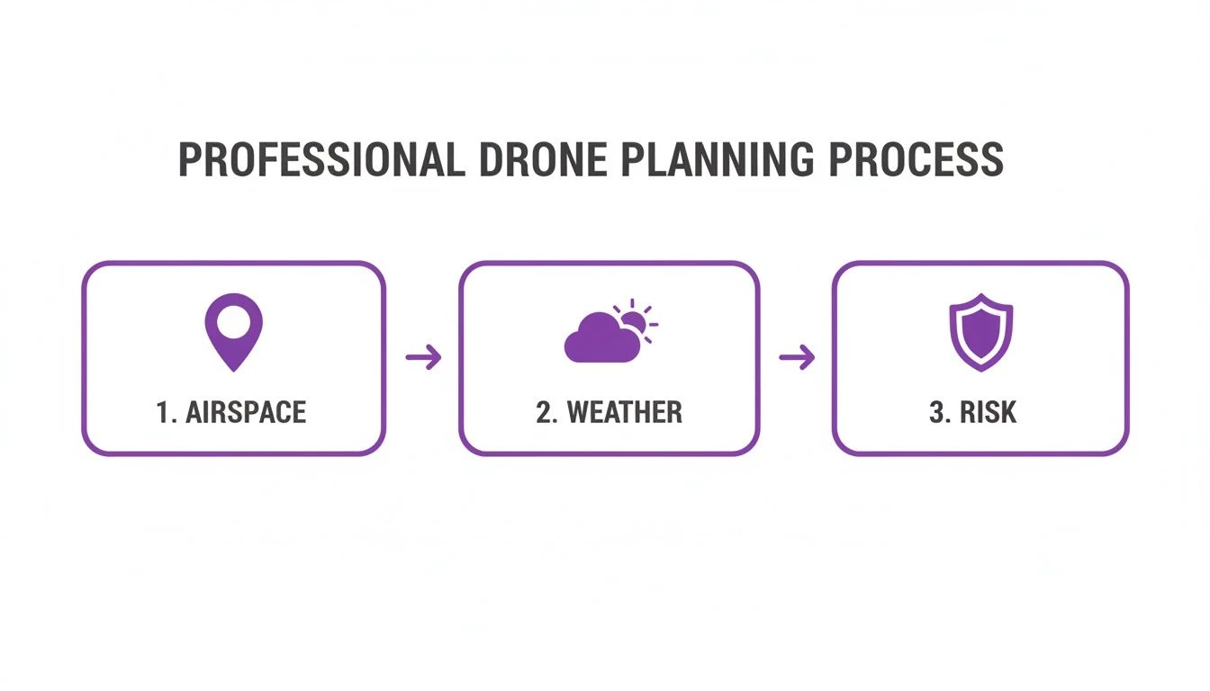 Flowchart outlining the professional drone planning process, including airspace, weather, and risk assessment.