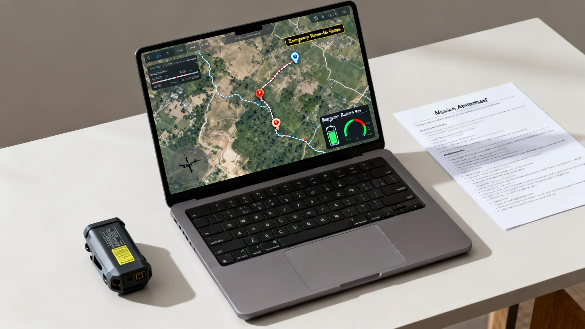 A laptop displays a drone flight plan on a map with battery status, beside a drone battery and mission brief.