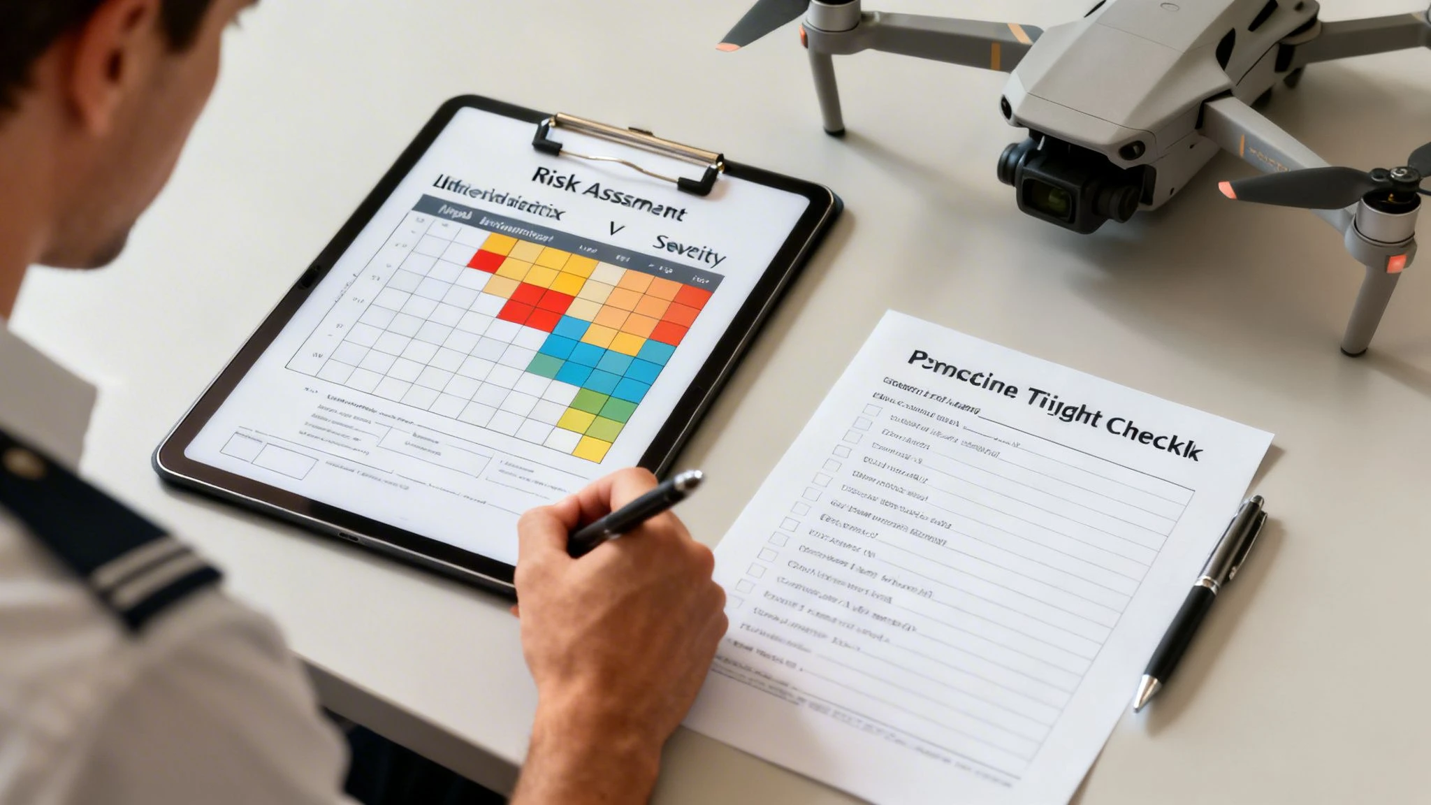 A pilot performing a risk assessment and completing a pre-flight checklist for drone operations.