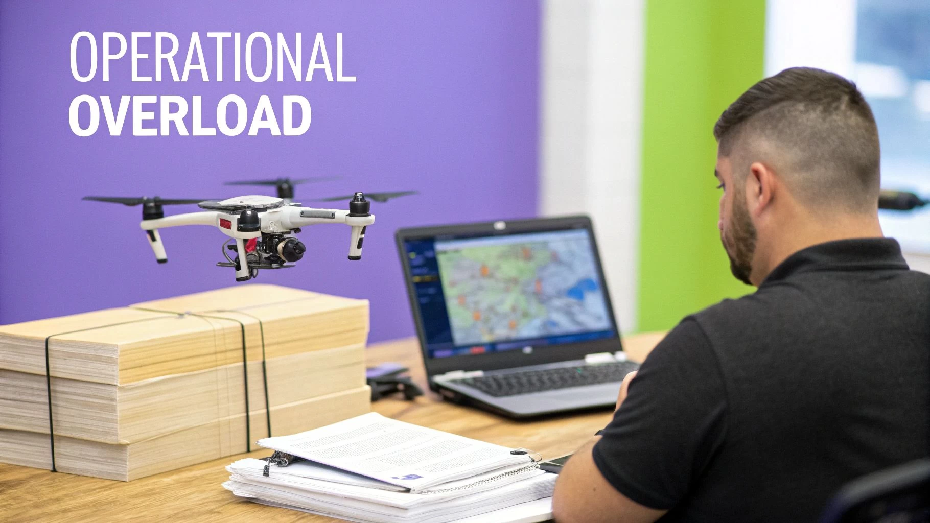 A drone hovers over large stacks of documents on a desk, next to a man looking at a laptop, symbolizing operational overload.