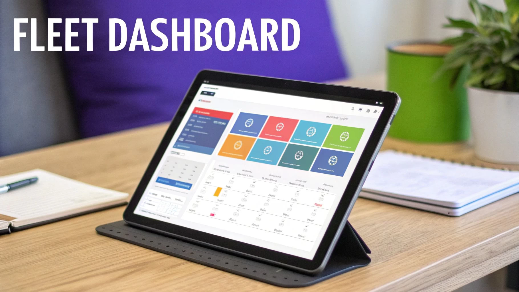A tablet displaying a fleet management dashboard on a wooden desk with a notebook and plant.