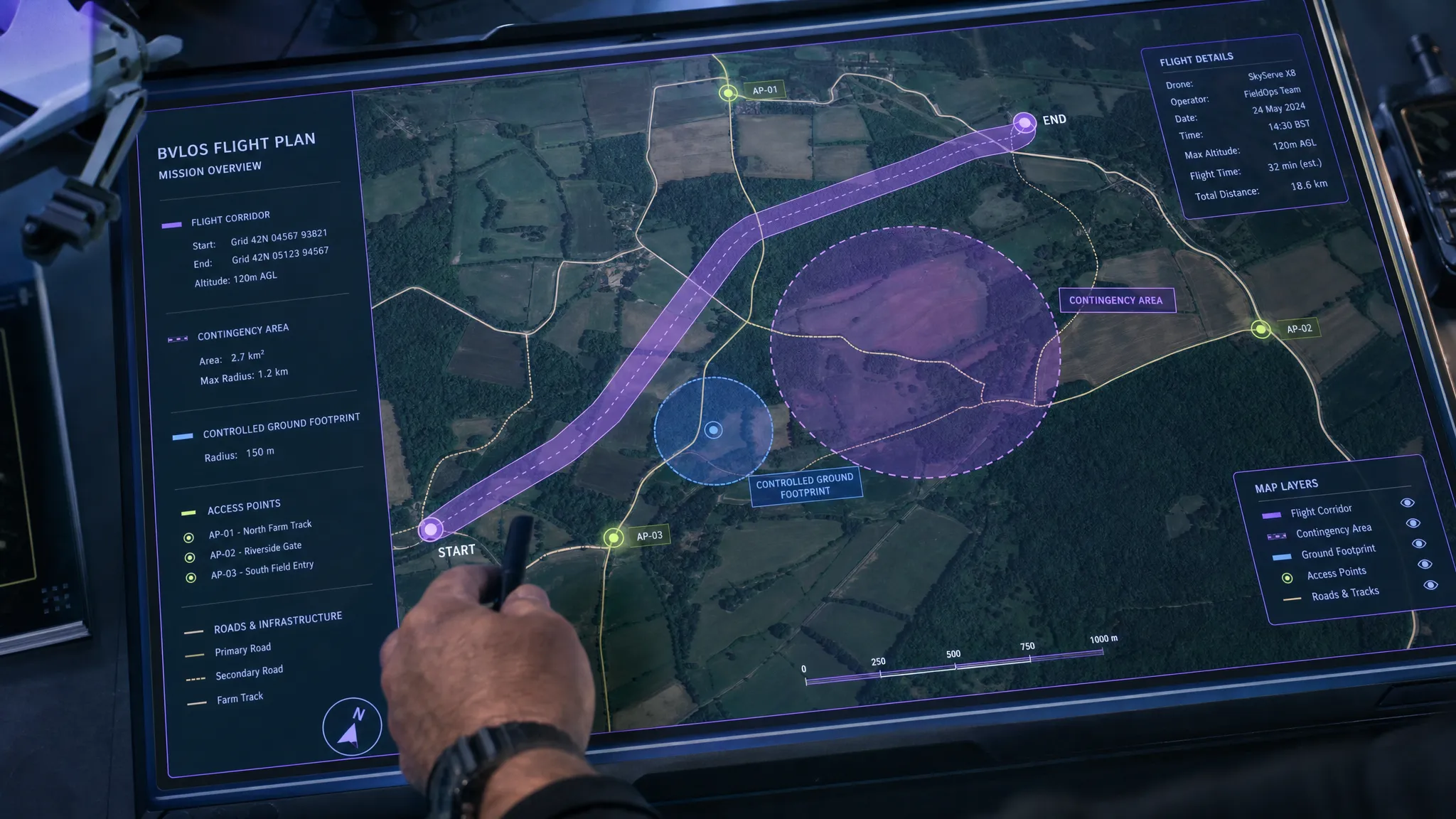 A top-down operational planning map for a BVLOS drone route across rural land, showing a flight corridor, contingency area, controlled ground footprint, access points and nearby roads as separate shaded layers.