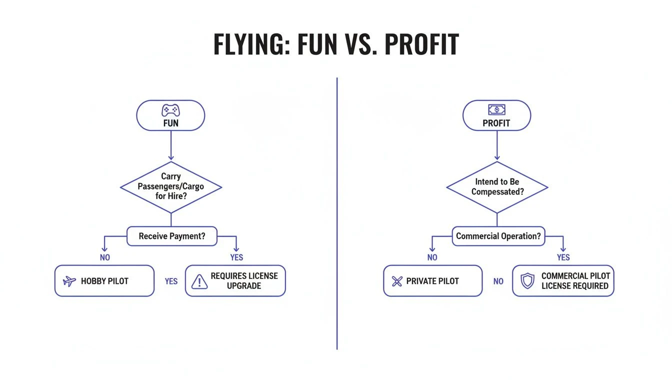 Flowchart illustrating flying fun vs. profit, detailing drone pilot license requirements.