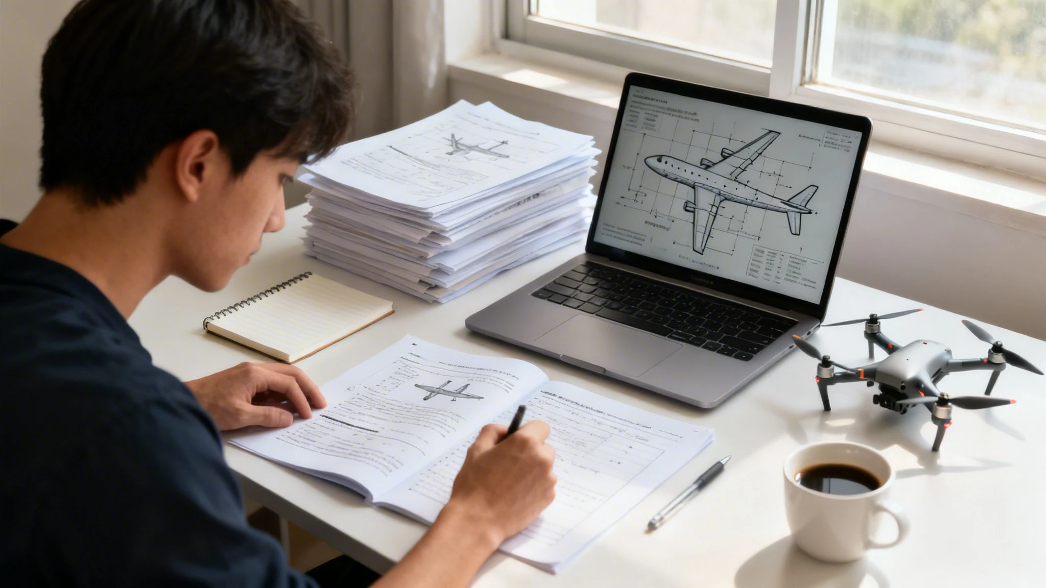A young man studying aviation, surrounded by blueprints, a laptop with airplane designs, and a drone.