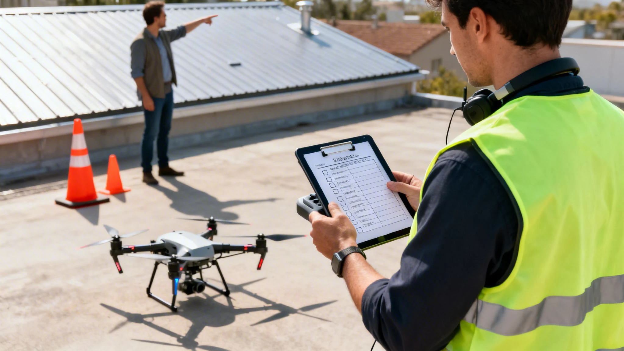 A drone operator in a safety vest on a rooftop, holding a checklist and drone remote.