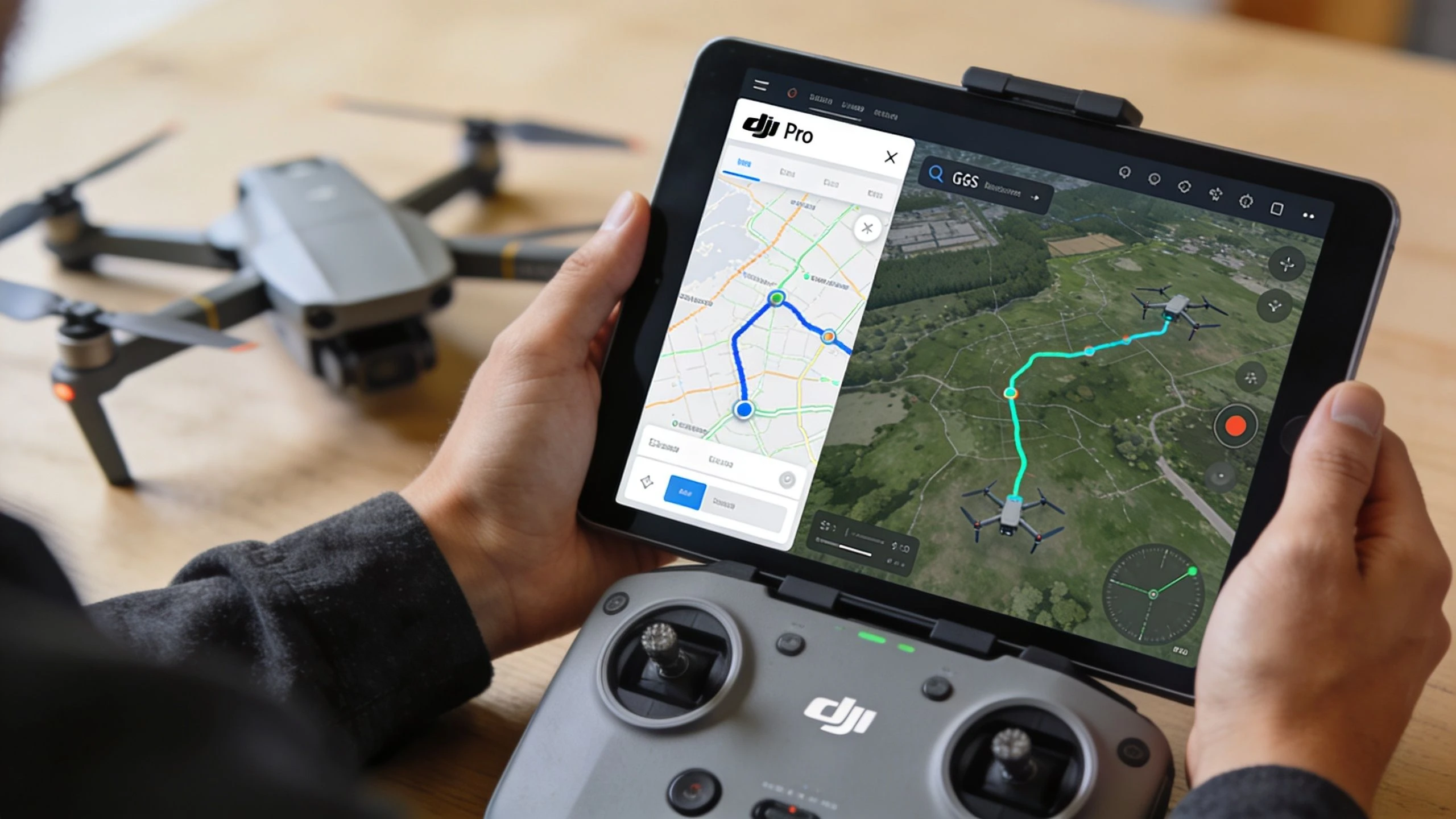 Person holding a drone controller with a tablet displaying the DJI GS Pro flight planning interface.