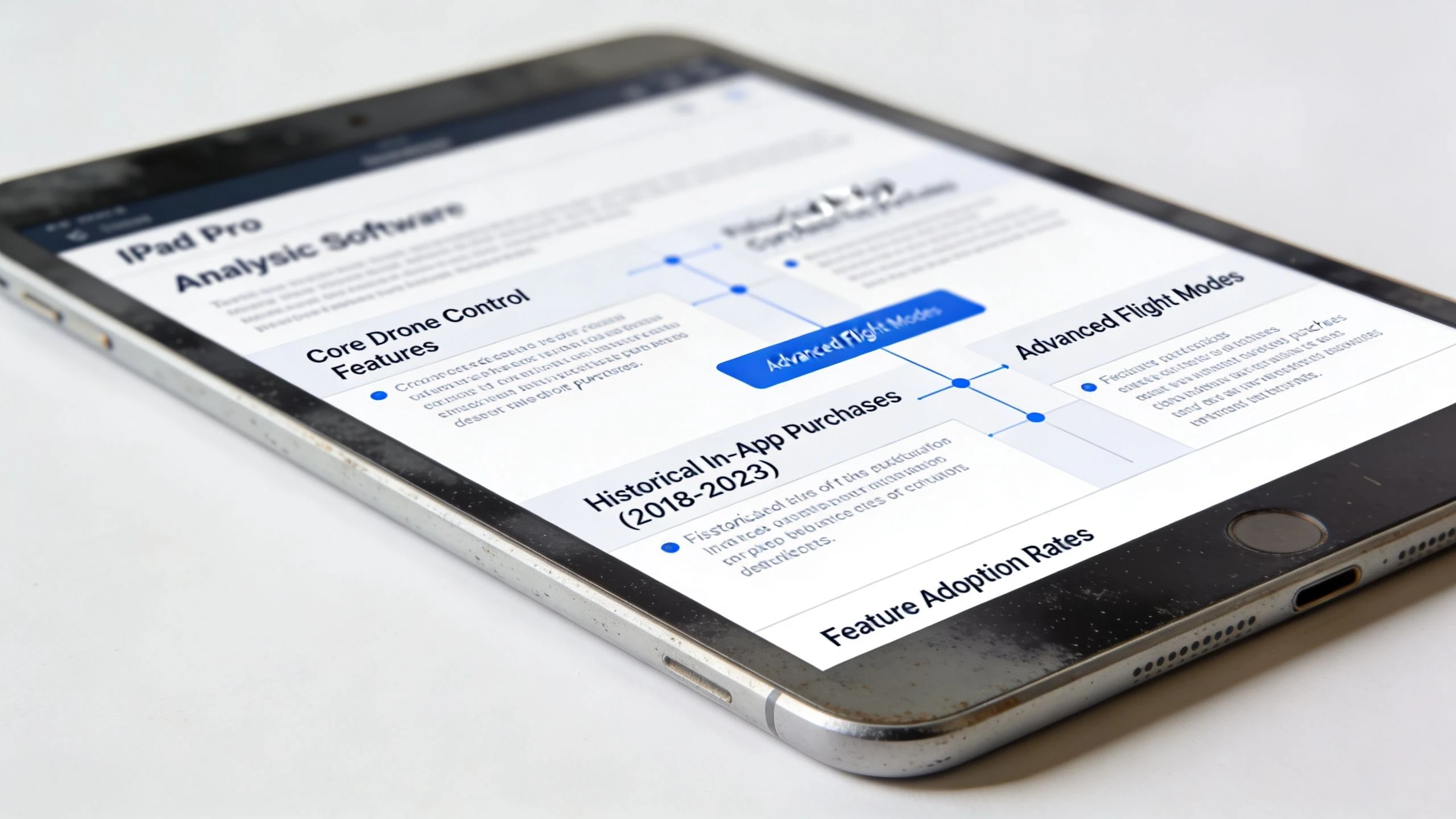 A close-up view of an iPad Pro displaying a drone software analysis interface and feature adoption rates.