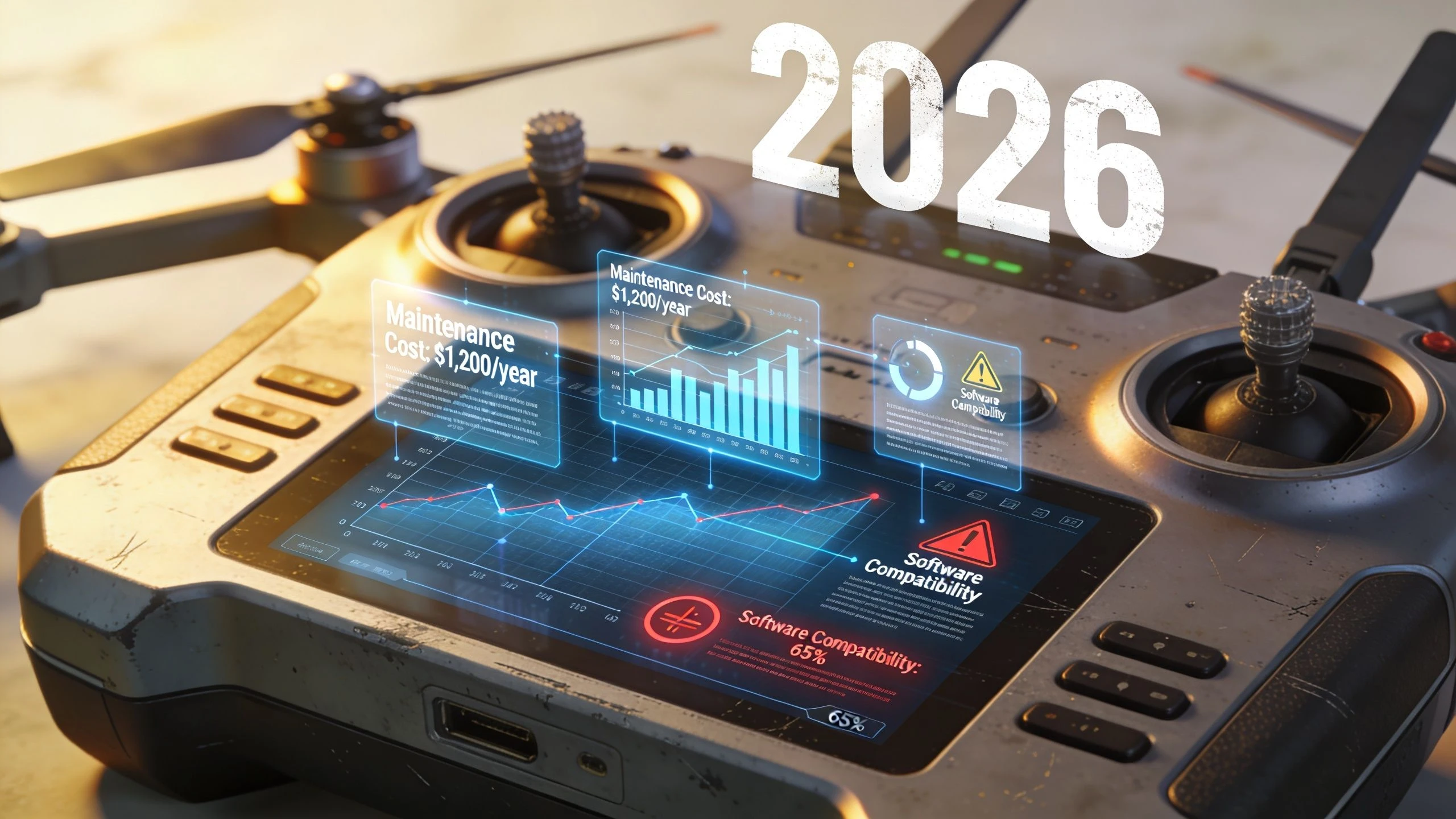 A drone remote controller displays futuristic digital analytics, maintenance costs, and software compatibility warnings on its screen.