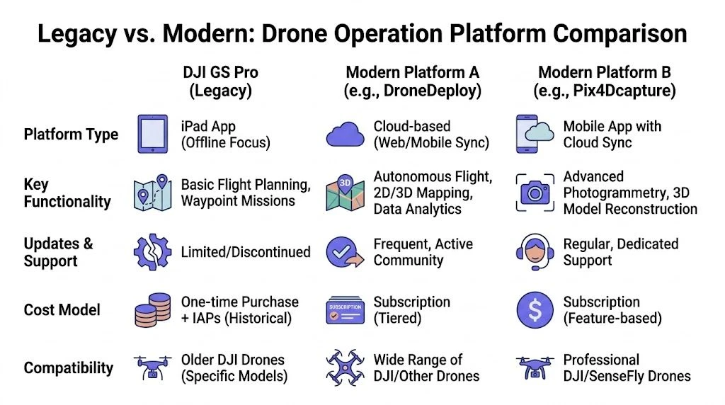 A comparison chart outlining differences between legacy DJI GS Pro and modern drone operation platforms.