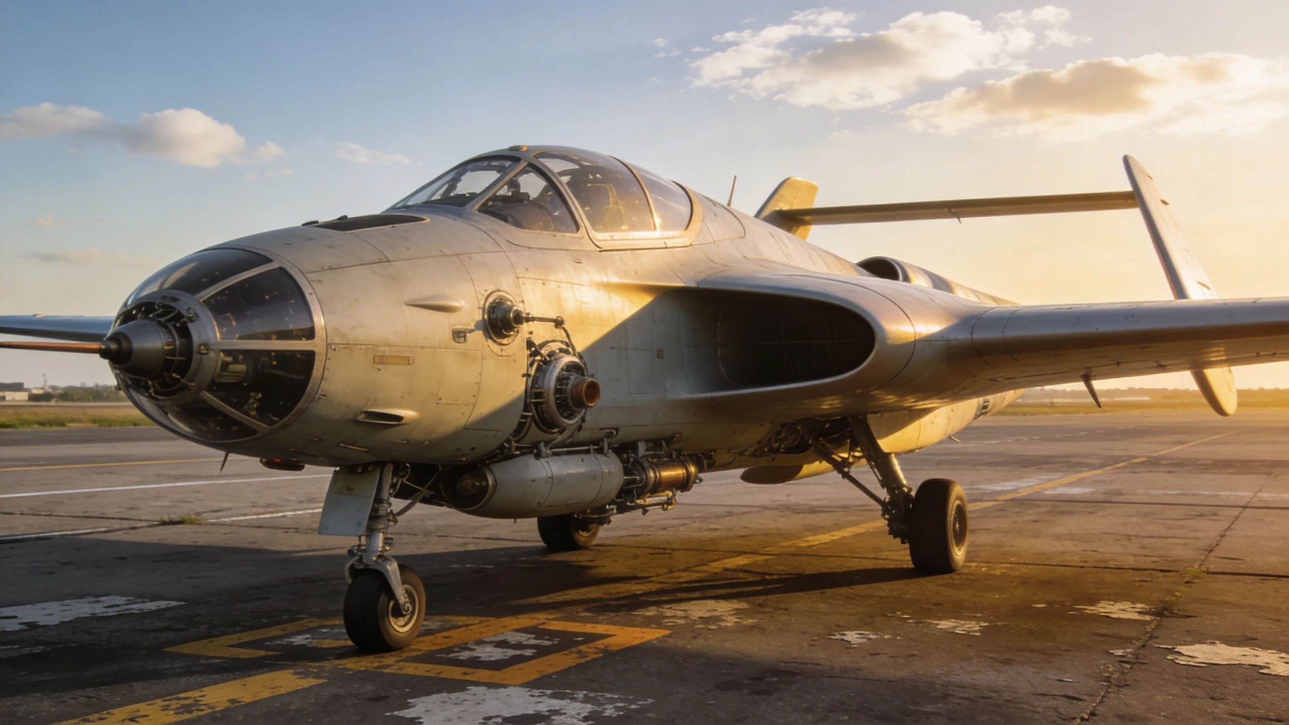 A vintage silver jet aircraft sits on an airport runway under a bright sunset sky.