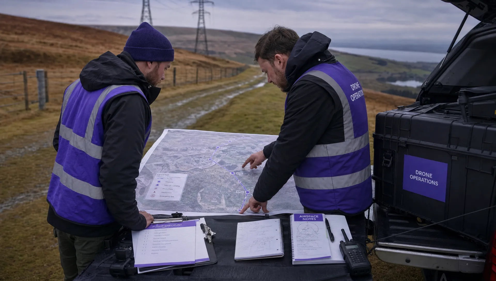 A drone operations team reviewing a long infrastructure inspection route on a large printed map, with a drone case, checklists, airspace notes and radios arranged on the tailgate of a vehicle beside a roadside access track.