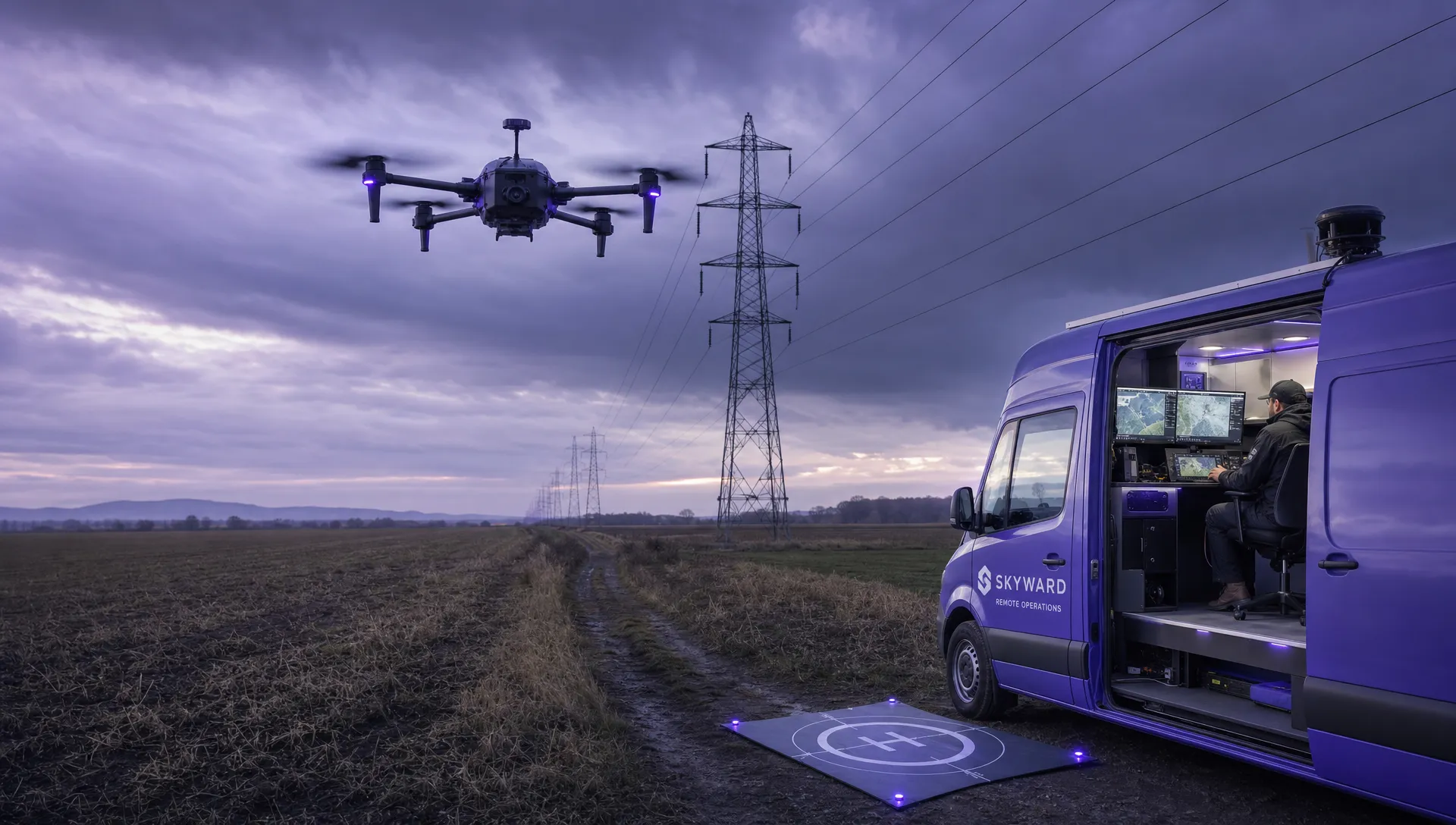 A long-range drone flying along a rural utility corridor, with power lines, open fields and a remote operations vehicle positioned near a planned recovery area.