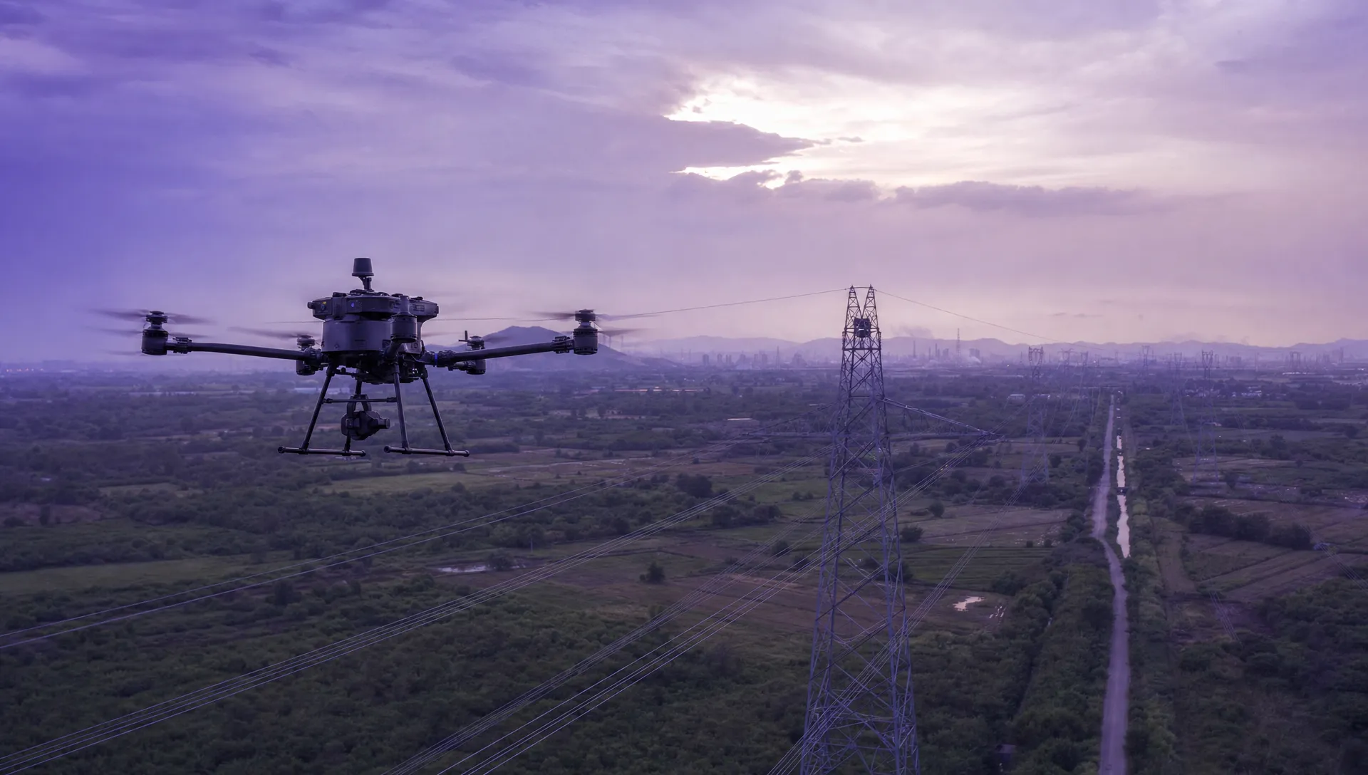 A long-range drone flying above a utility corridor with power lines, fields and access roads below, showing a BVLOS inspection route across a wide landscape.