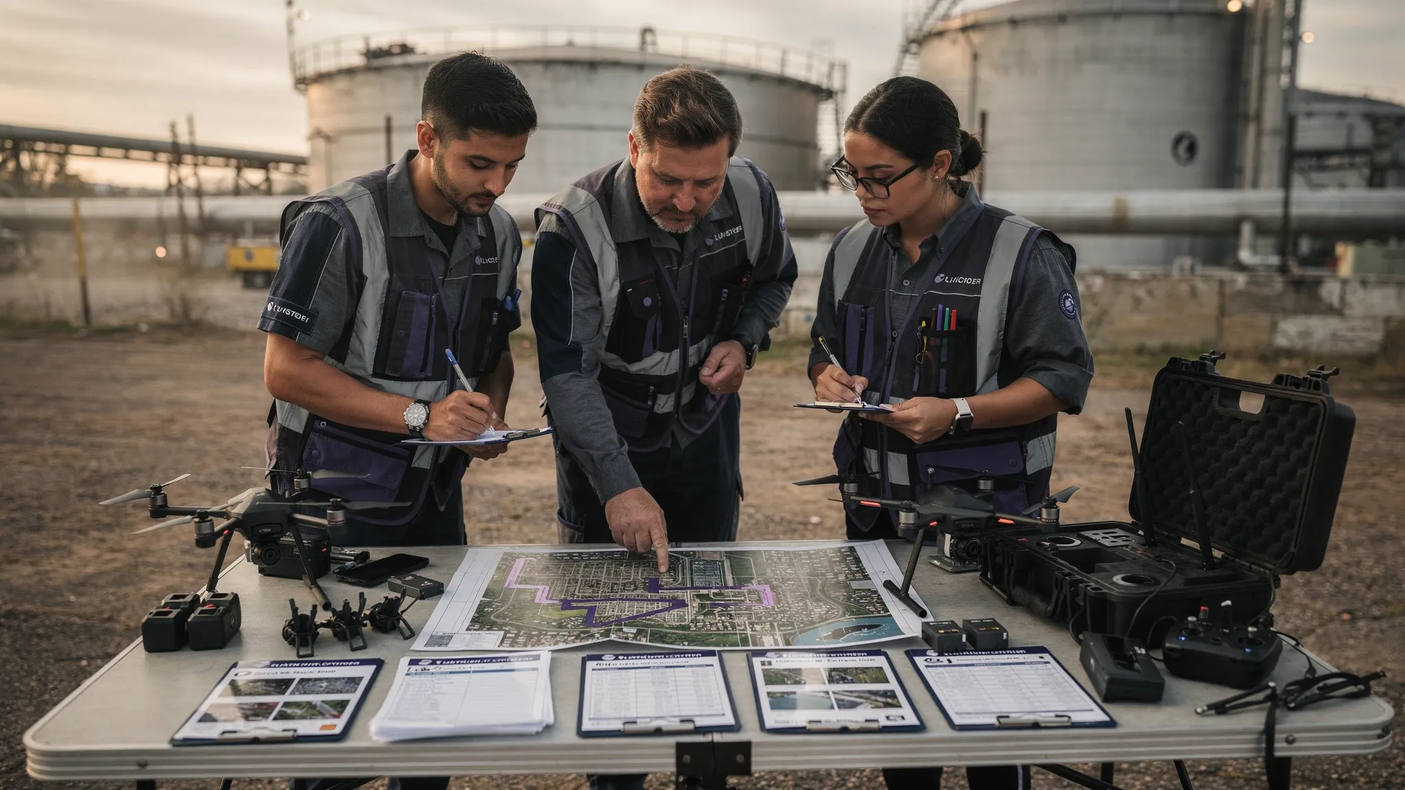 A drone operations team reviewing printed site maps, aircraft equipment and safety documents before a field deployment at an industrial site.