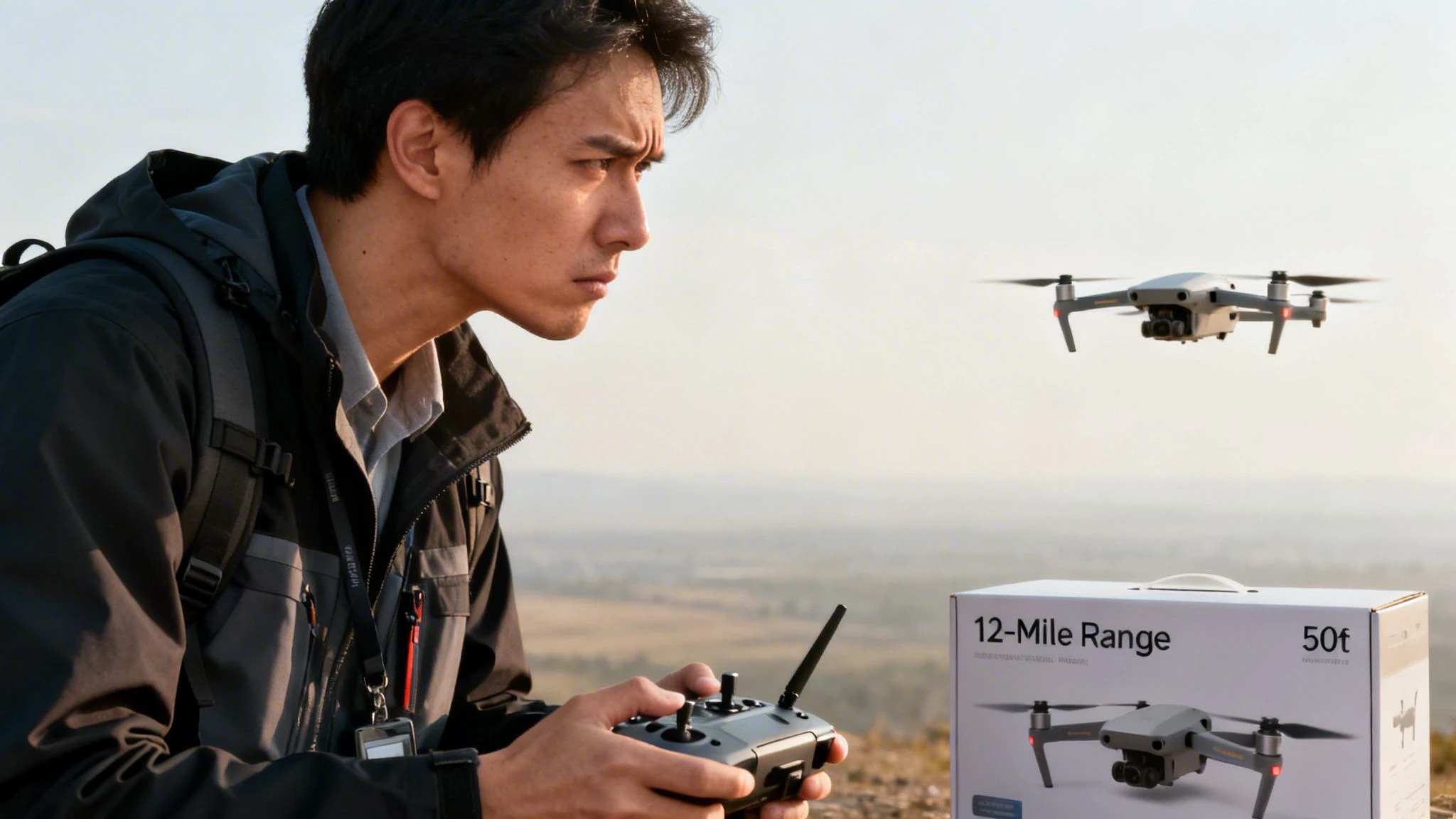 A young man intensely focusing as he controls a gray drone flying in a sunny outdoor setting.