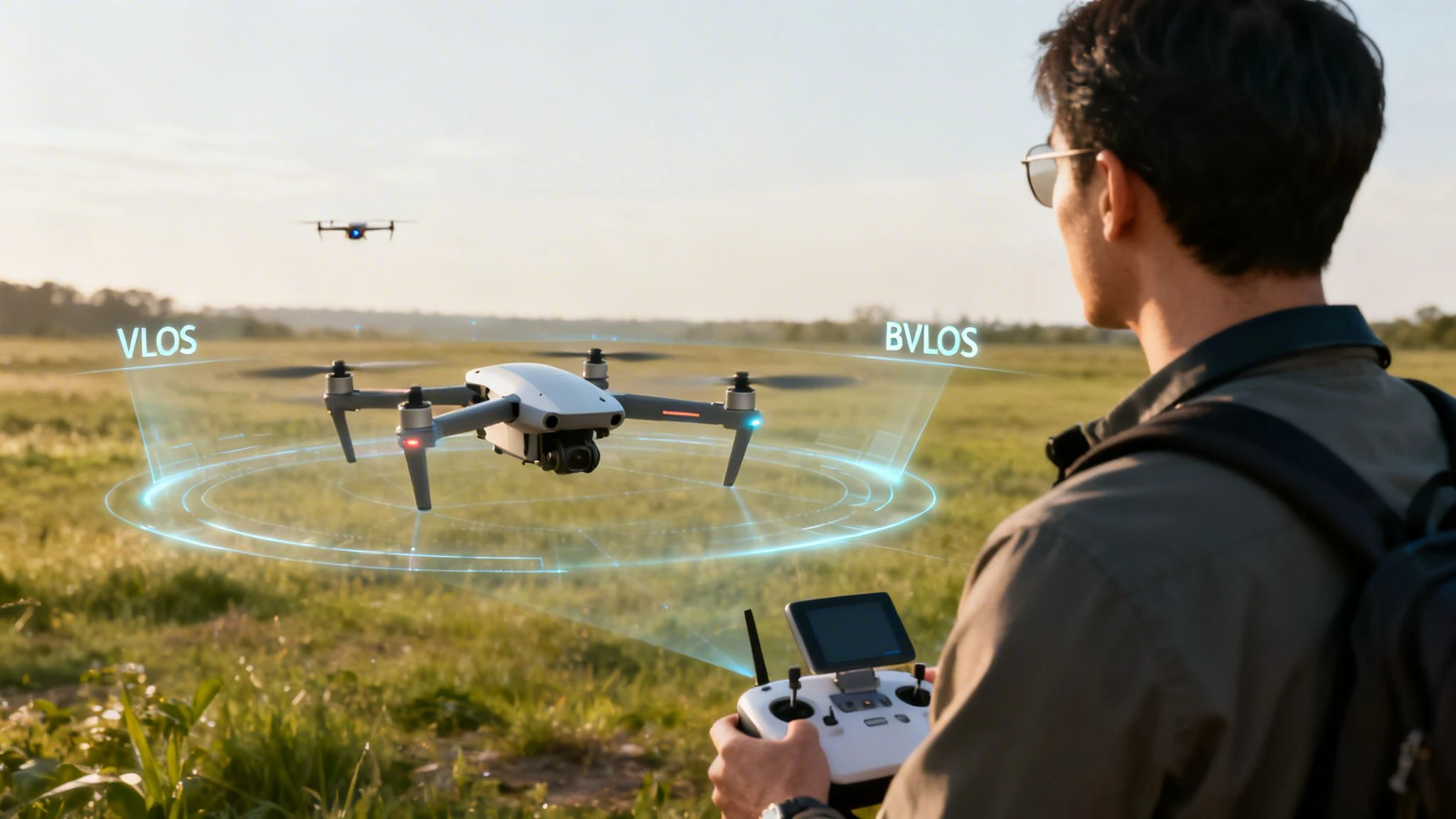 A man controlling a white drone in an open field, illustrating visual line of sight operations.