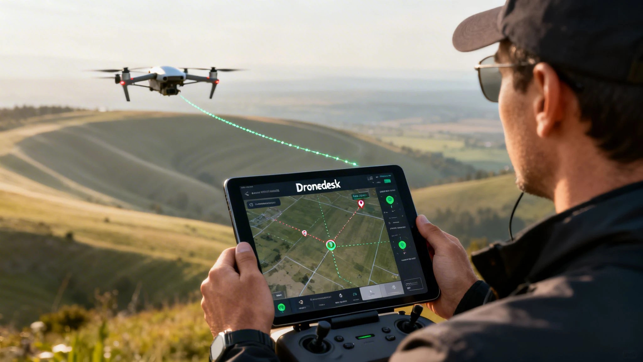A drone operator using a tablet with flight software to control a drone over a landscape.
