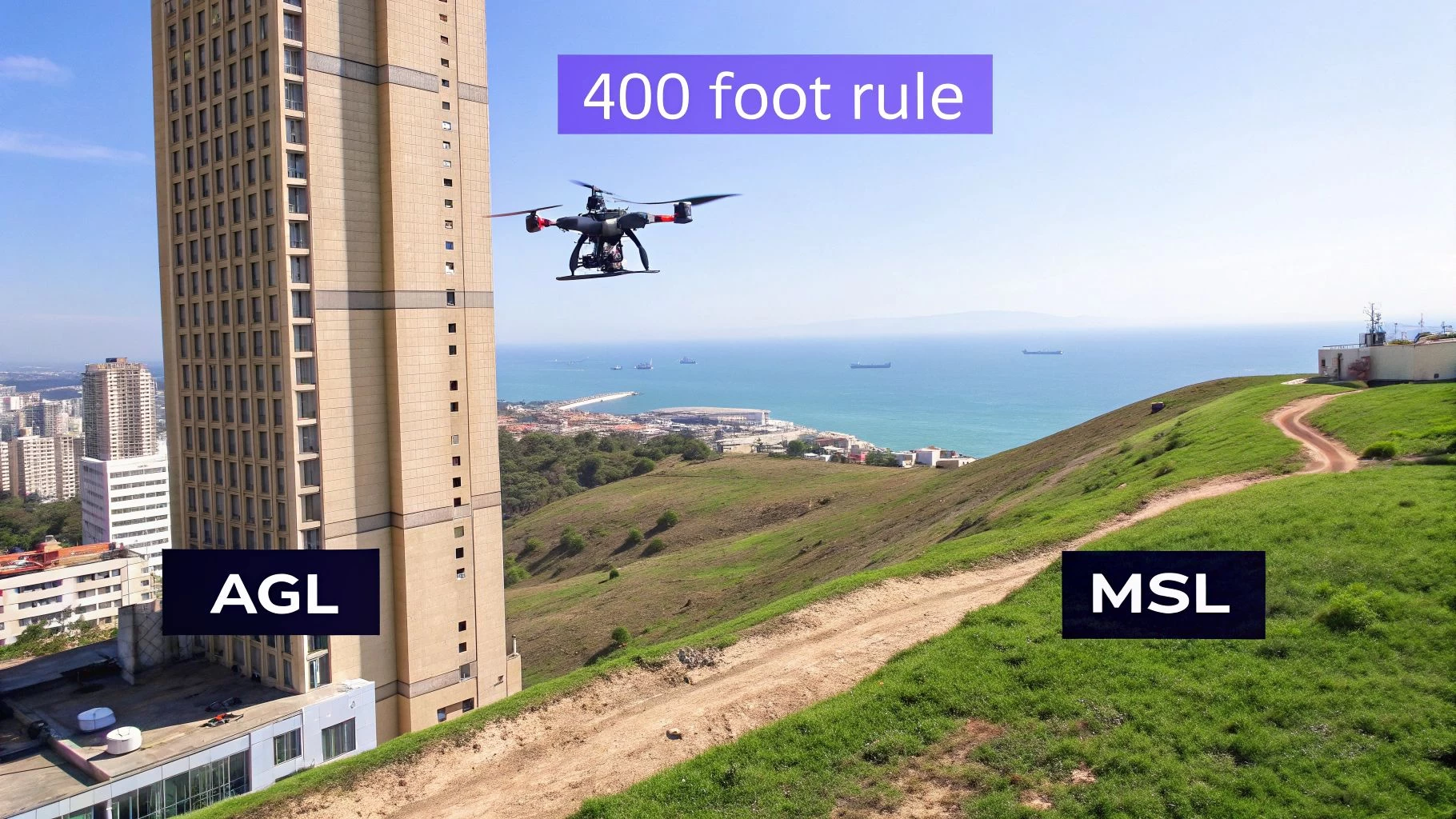 A drone flying near a tall building over a city and sea, illustrating the 400-foot flight rule.