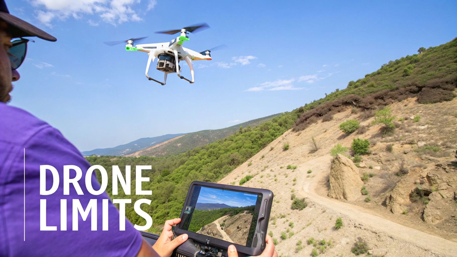 A person flies a white drone over a hilly landscape, viewing the flight on a remote controller screen.