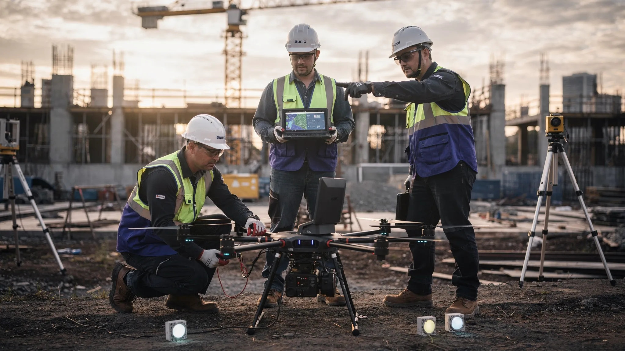 A professional drone survey team preparing a multirotor drone on a construction site, with survey markers, hard hats, a tablet, and infrastructure in the background.