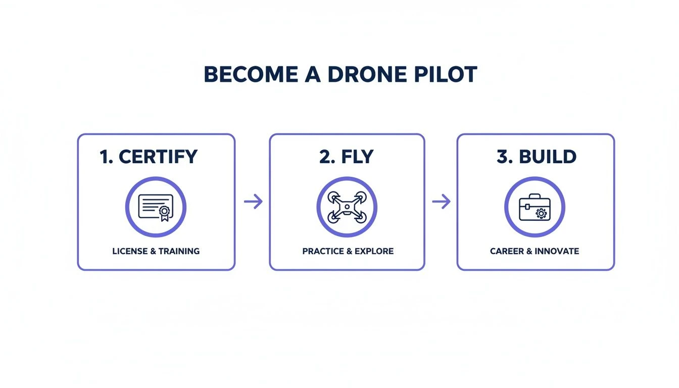 A detailed infographic illustrating the three essential steps to become a professional drone pilot: certify, fly, and build.