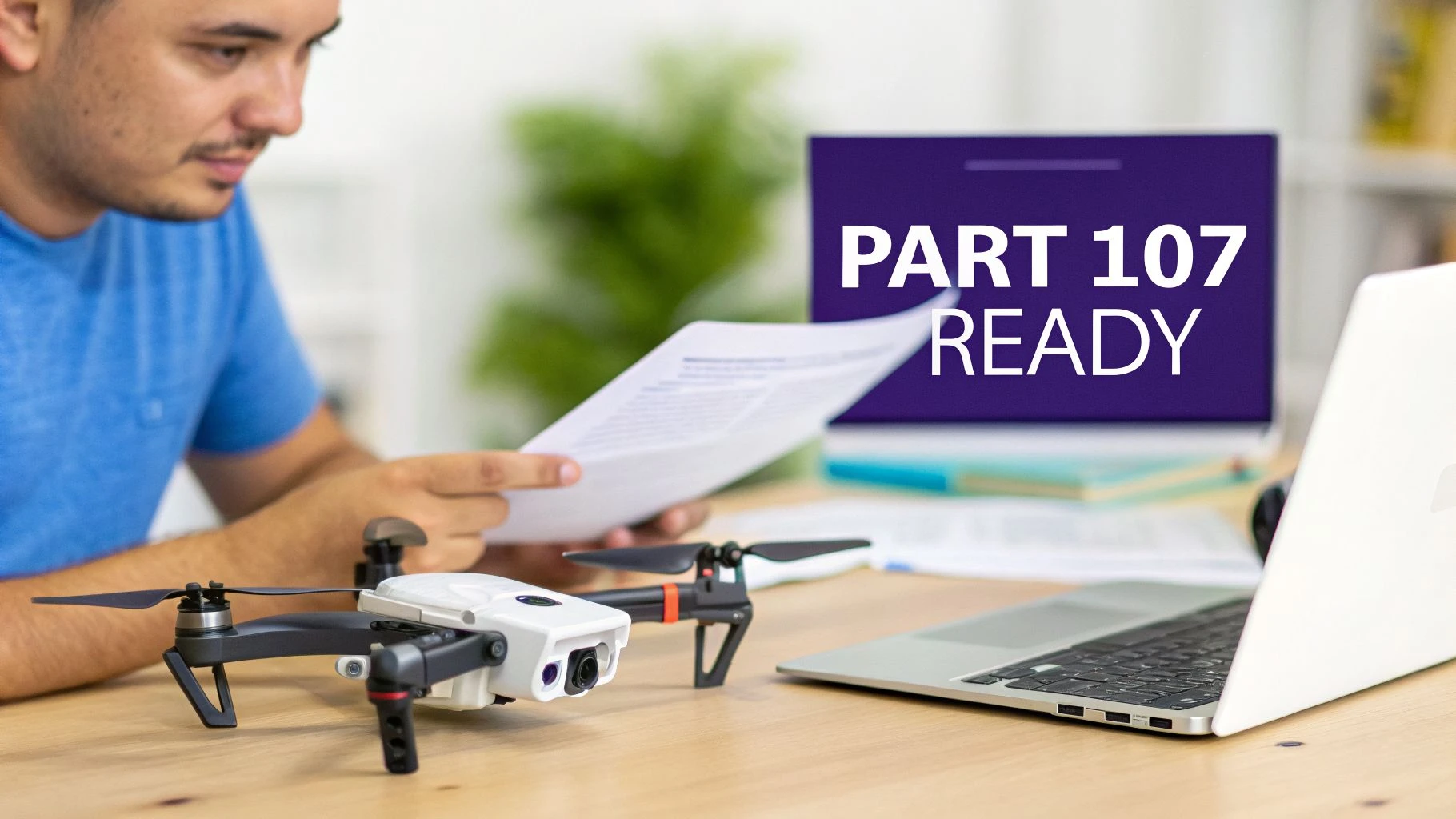 A man studies documents for drone pilot certification with a drone and laptop.