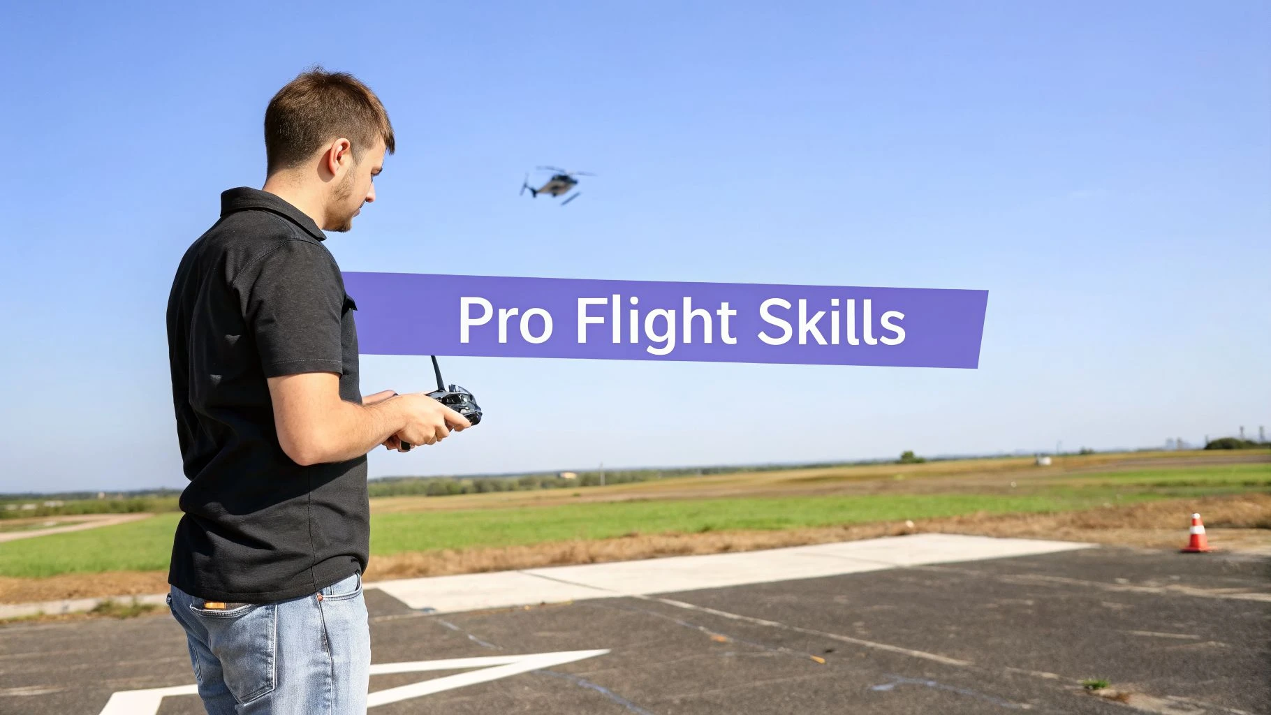 A man holds a remote control, operating an RC helicopter flying in a clear blue sky.
