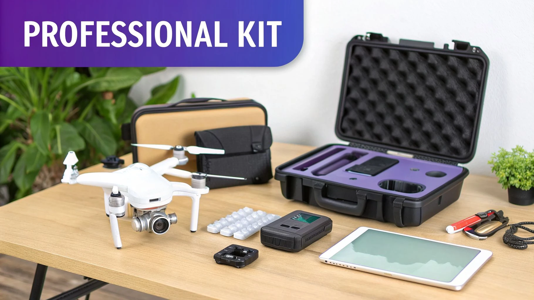 A professional white drone kit with a rugged case, tablet, and accessories displayed on a wooden table.