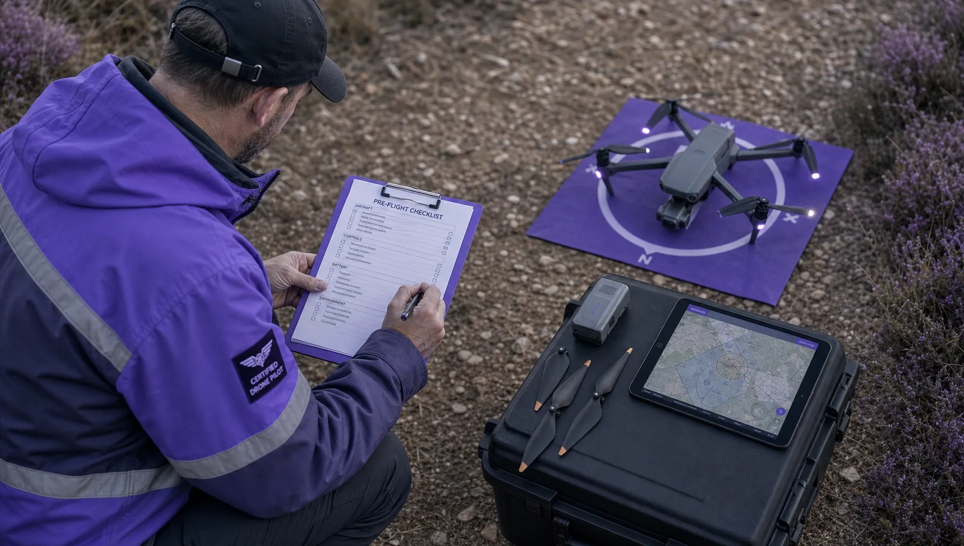 A certified drone pilot carrying out a pre-flight inspection beside a small quadcopter on a rural track, with a checklist, spare propellers and a tablet lying flat on an equipment case showing a simple airspace map viewed from above.