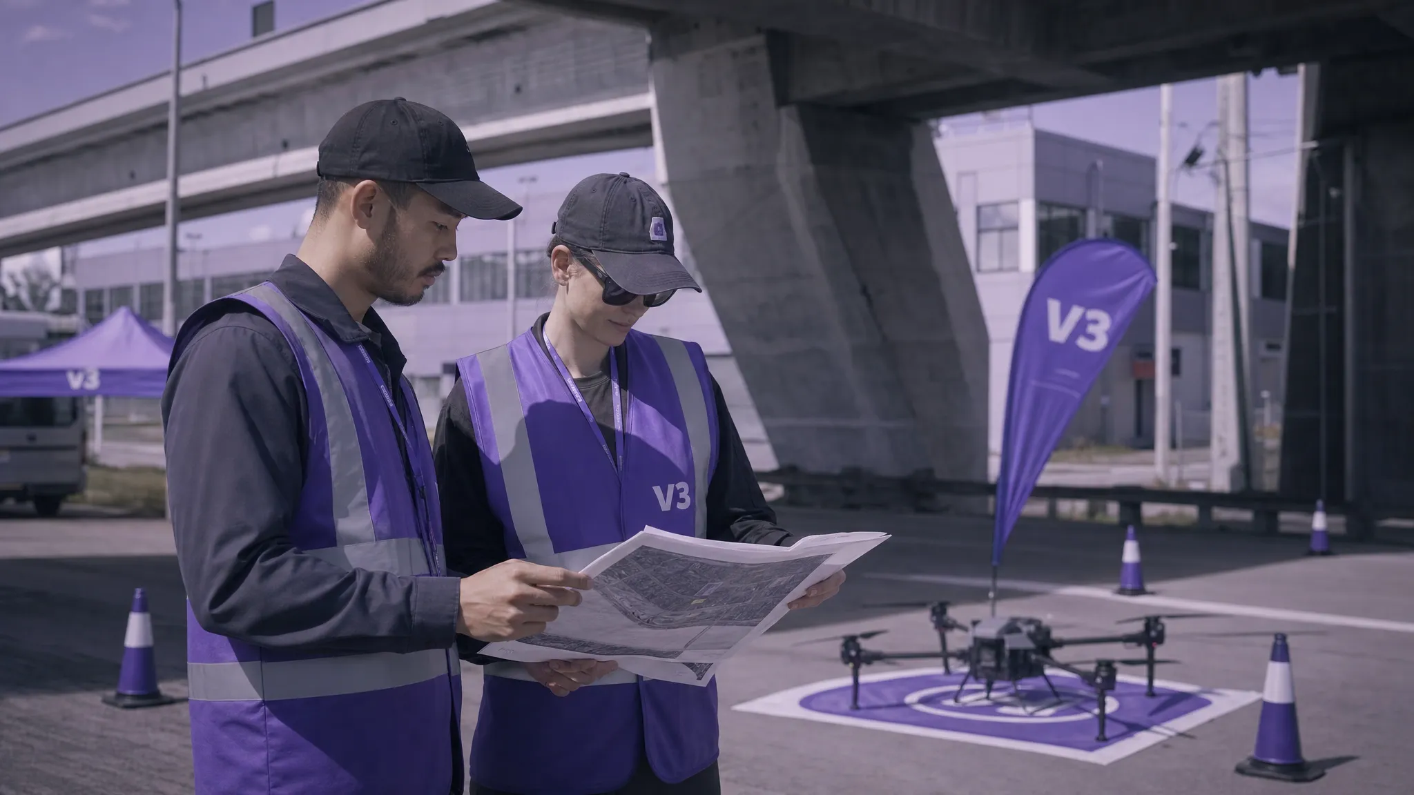 A drone operator and visual observer standing beside a coned launch area, reviewing a printed site map before a commercial drone flight near buildings and overhead infrastructure.