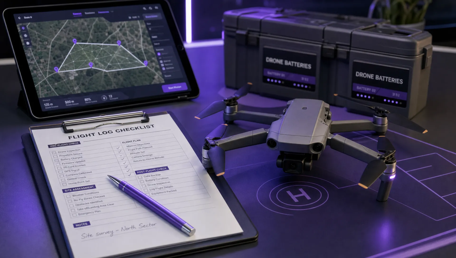 A flight log checklist, labelled drone batteries, a compact quadcopter and a tablet with a site map visible on the screen sit on a drone operations desk.