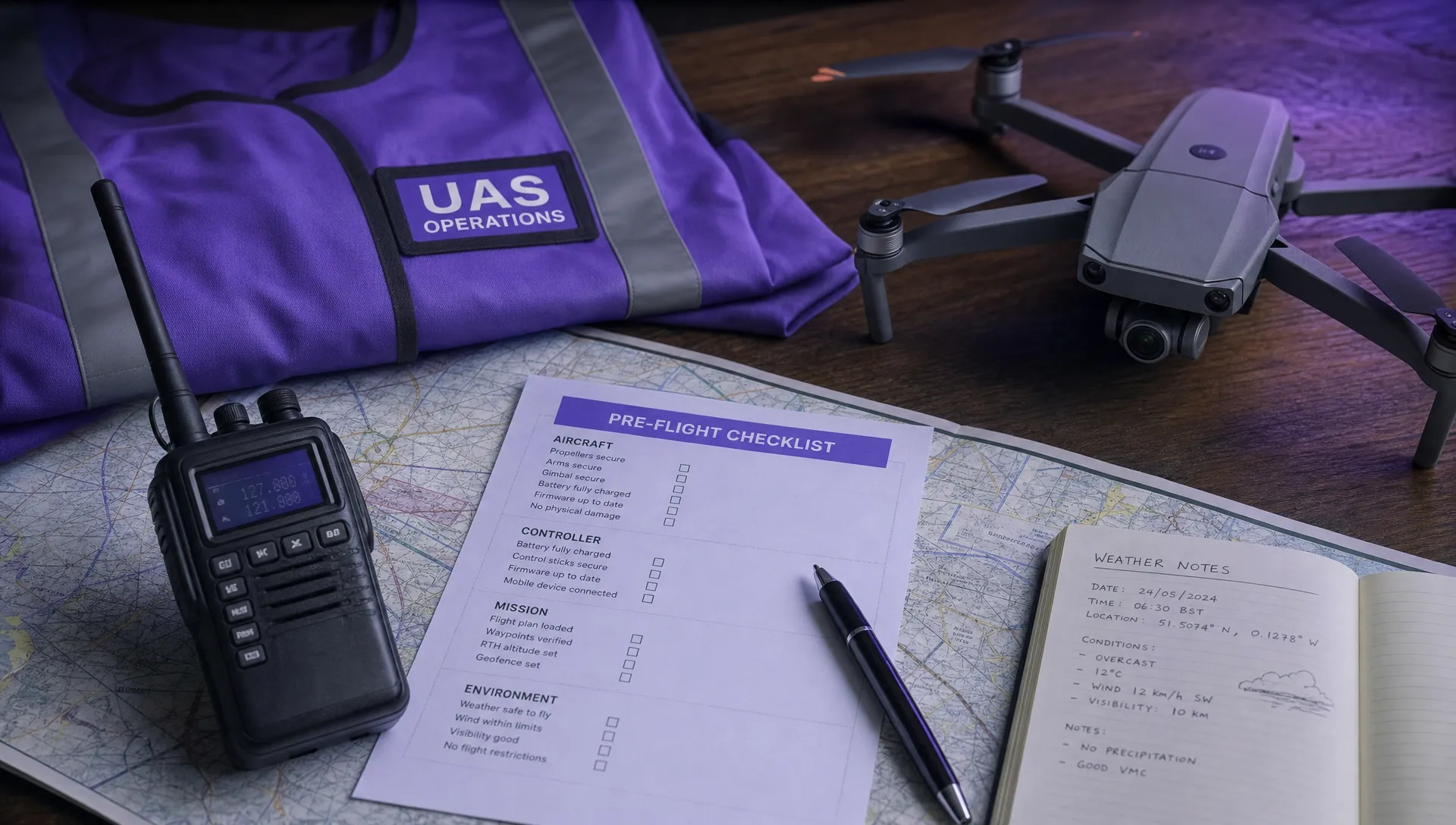 A drone operations table with a folded aviation map, printed pre-flight checklist, weather notes, radio, high-visibility vest and compact drone laid out for a mission briefing.