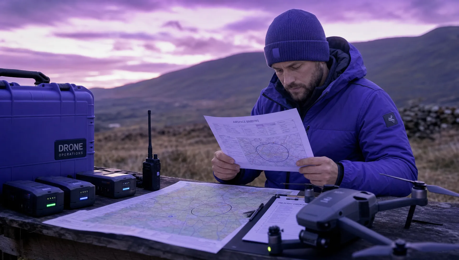 A drone operator reviewing an airspace briefing beside a field kit, with a printed flight plan, marked map, radio and drone batteries laid out for a pre-flight check.