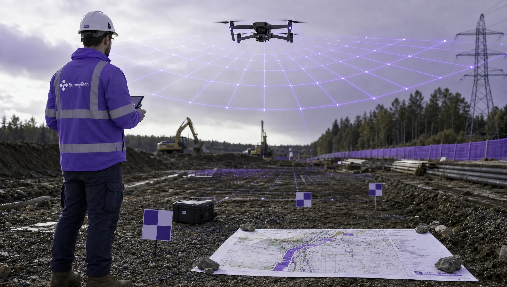 A surveying drone flies a planned grid over a mixed construction and utility corridor site, with ground control markers and map sheets laid out nearby.