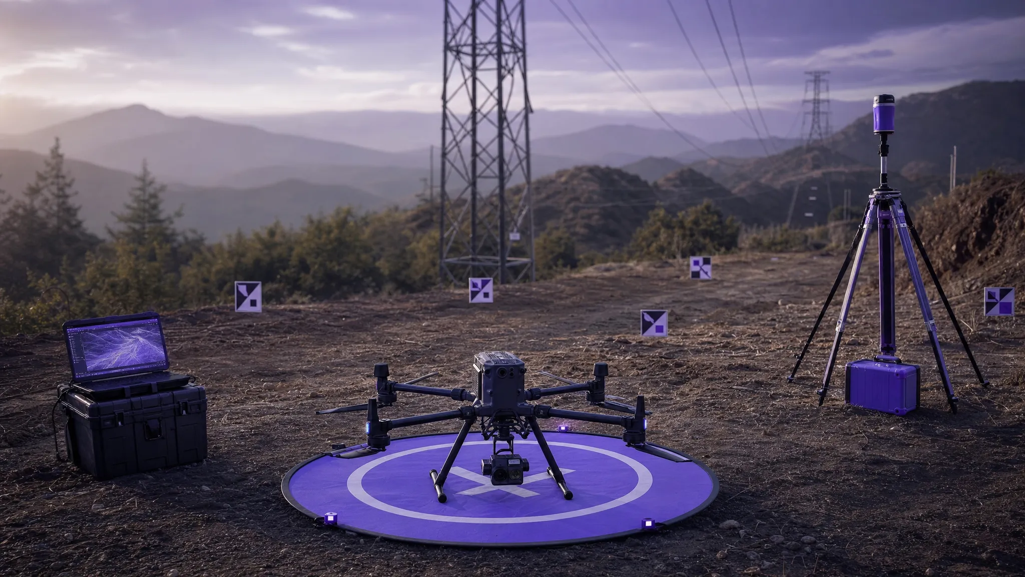A professional drone survey setup on a rural utility site, showing a mapping drone on a landing pad, ground control targets placed across the terrain and a survey tripod nearby.