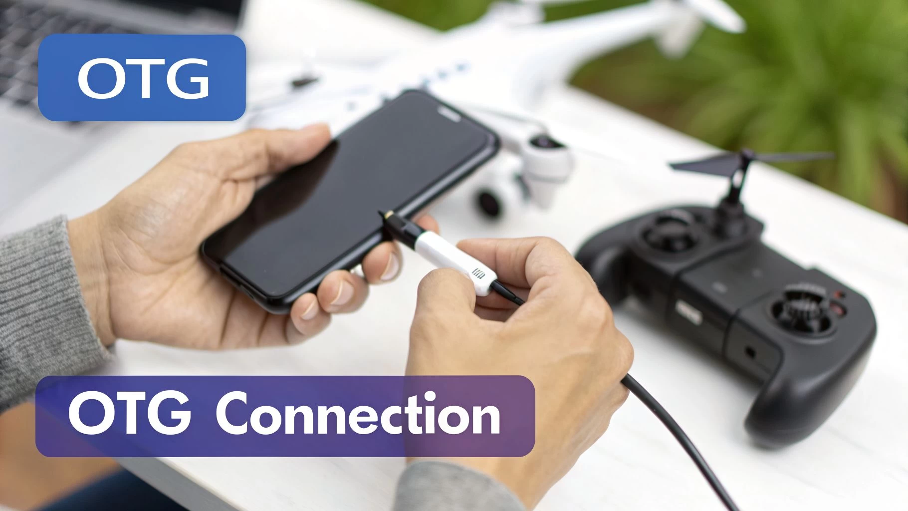 A person connecting a smartphone to a drone controller using an OTG cable, with a drone nearby.