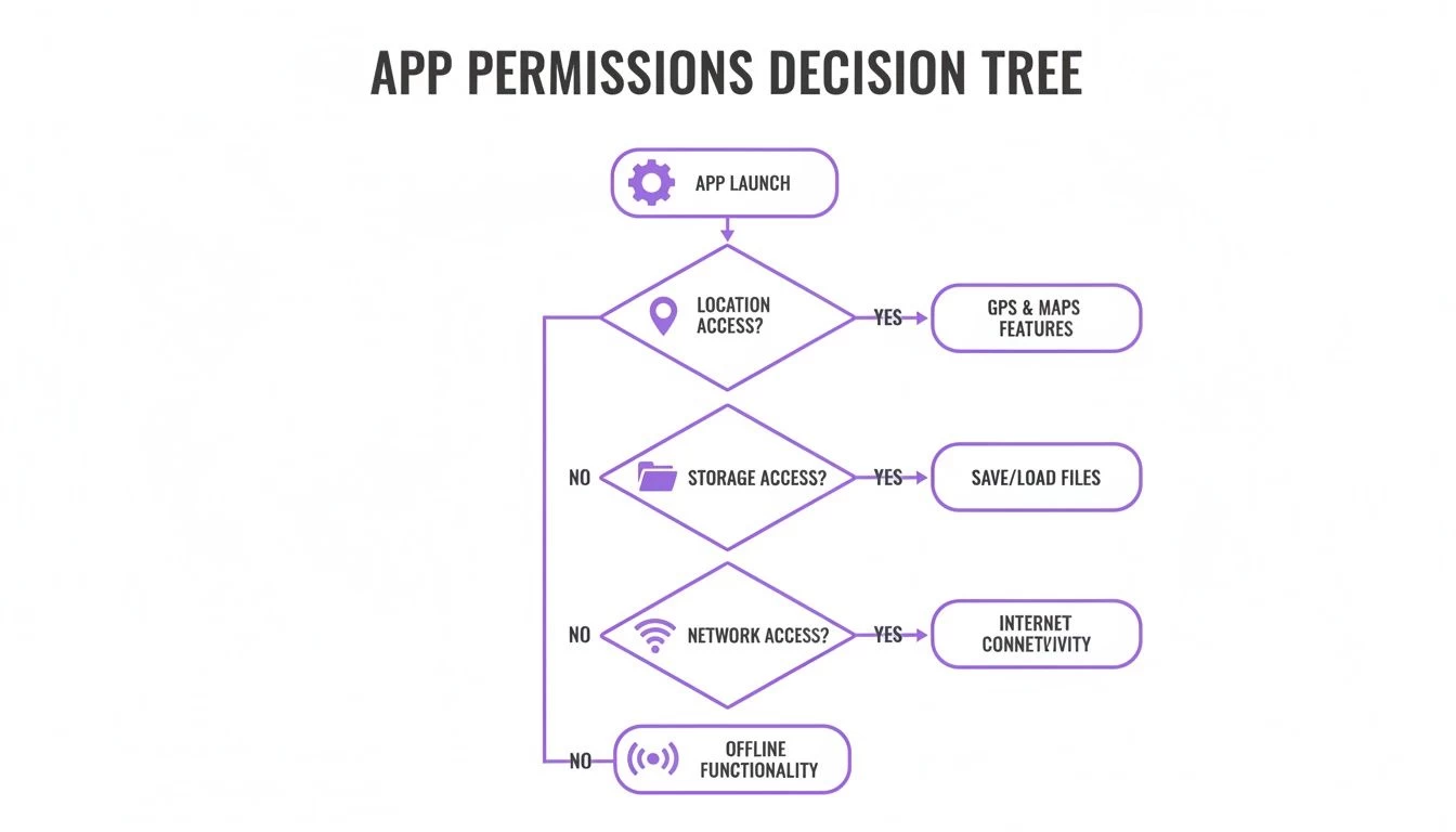 A decision tree flowchart illustrating app permissions for location, storage, and network access, leading to different functionalities.