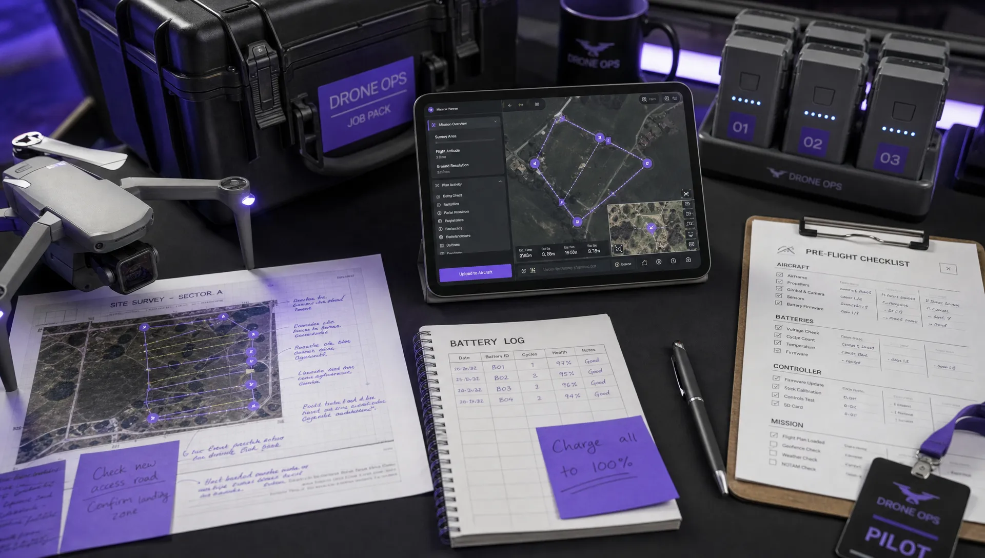 A drone job pack laid out on a desk with annotated site maps, a checklist, battery records and a tablet showing mission planning.