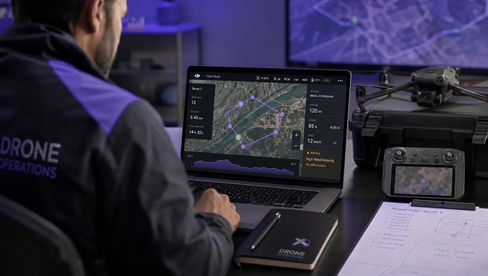 A drone operations manager reviewing a DJI flight route on a laptop screen that faces the viewer, with altitude, battery and warning data visible, while a drone controller and printed flight notes sit on the desk.