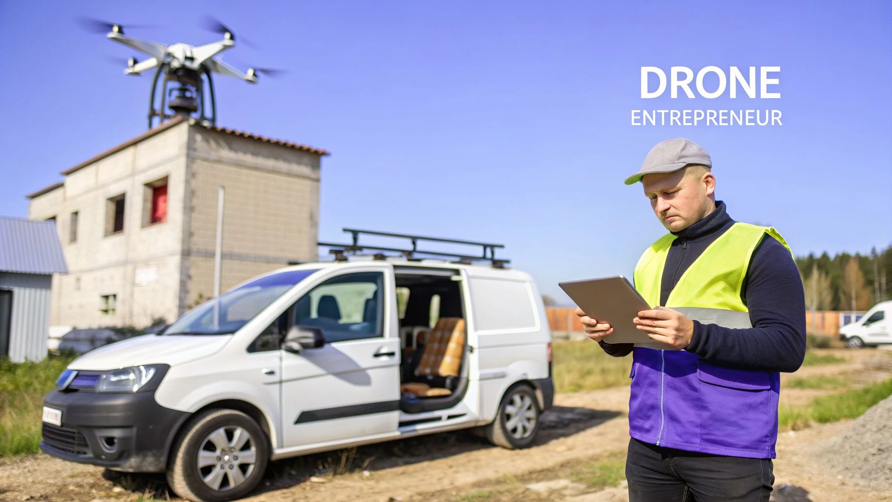 A drone entrepreneur in a safety vest and cap controls a drone with a tablet, next to a white van.