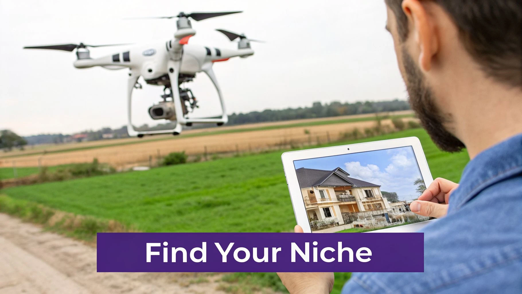 A man operates a white drone in a field, viewing a house image on his tablet screen.