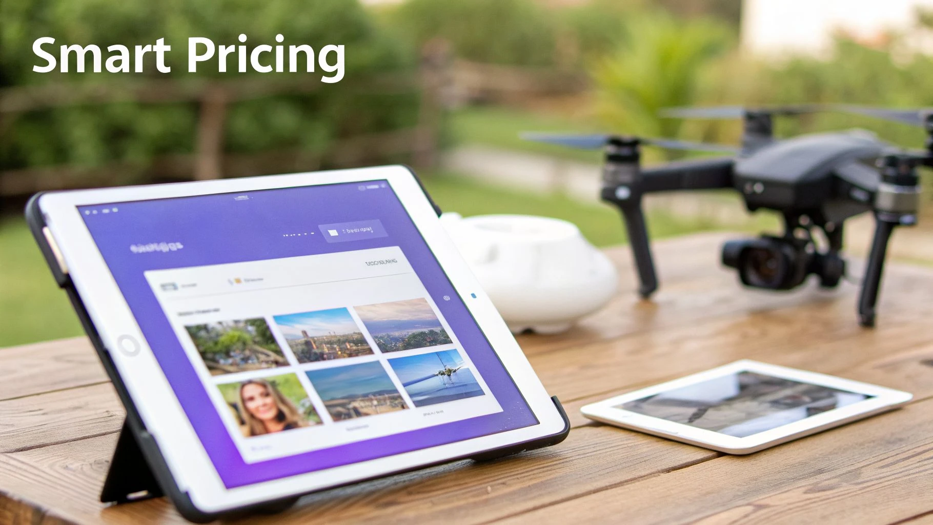 A tablet displays photos, a drone, and another tablet on a wooden table with 'Smart Pricing' text.