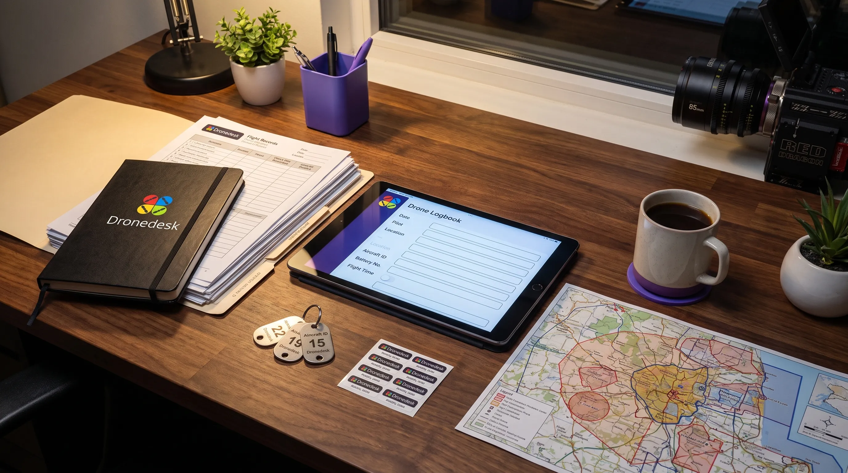A tidy operations desk holds printed flight records, aircraft ID tags, battery labels, a map and a tablet with blank drone logbook fields.