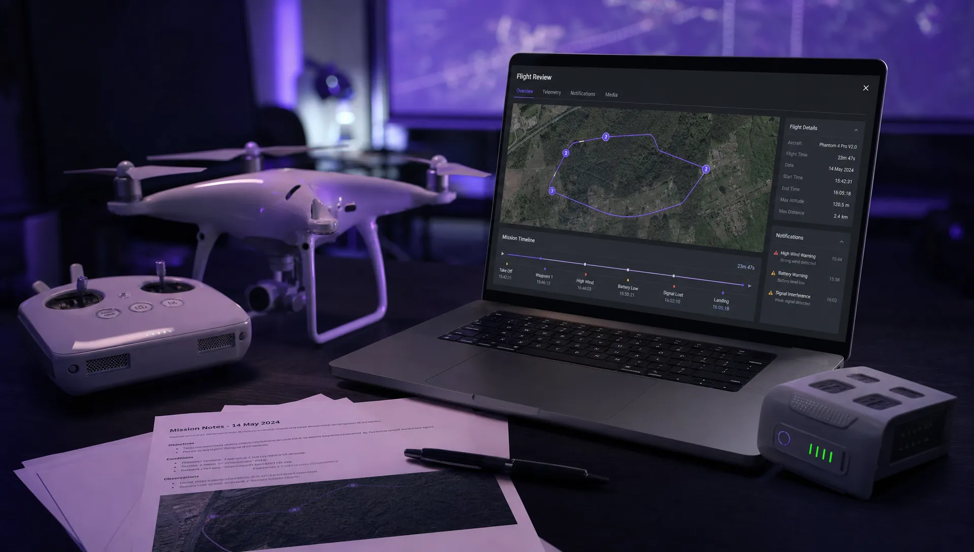 A drone incident review desk with a controller, battery, printed mission notes and a laptop showing a flight path timeline.