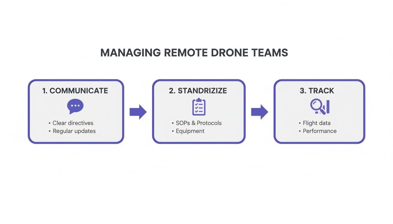 A three-step infographic on managing remote drone teams: communicate, standardize, and track.