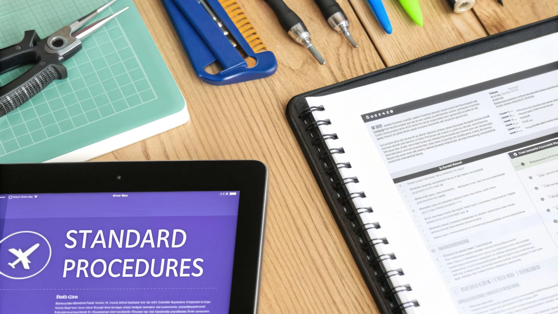 A top-down view of a desk workspace featuring a tablet displaying 'Standard Procedures' alongside tools and a notebook.