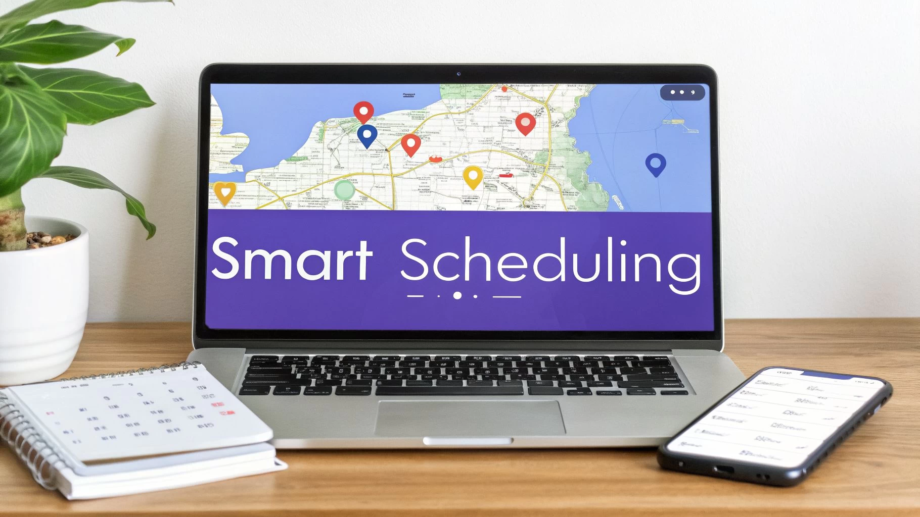 A laptop screen displays "Smart Scheduling" over a map with location pins, beside a calendar and smartphone.